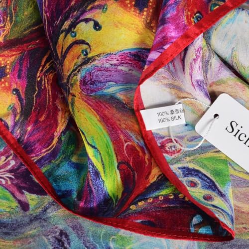 Women 100% Mulberry Silk Neck Scarf 21" Square Floral Neckerchief - color: Red Fire Phoenix