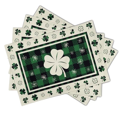 Giwawa Lucky Clover Placemats Set of 4 for Kitchen Dining, St Patricks Day Shamrocks Buffalo Plaids Washable Linen Place Table Mat 12x18 Inches for Tabletop Holiday Party Picnic Decor - color: Clover Plaid
