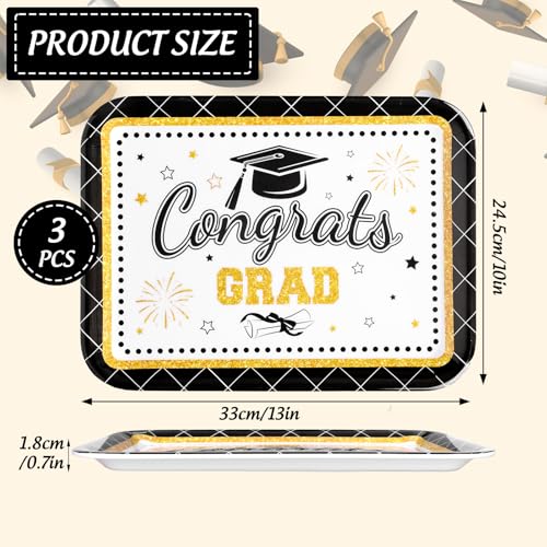 JarThenaAMCS 3Pcs Graduation Serving Trays 13 x 10 Inch Bachelor' s Hat Diploma Glitter Reusable Melamine Platter Congrats 2026 Grad Serving Dishes for Graduate Party Sharing Snacks Fruit Dessert - style: Black Gold Graduation