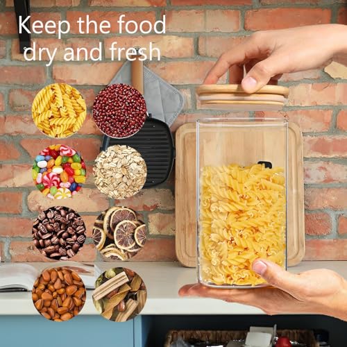 1.6 Qt Square Glass Storage Containers with Lids, Clear Food Storage Container Jar with Sealing Bamboo Lid for Noodles Flour Cereal Rice Sugar Tea Coffee Beans (Square-3Pack) - size: Square 1.6 Qt -3Pack