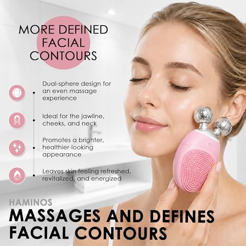 Facial Cleansing Brush 3-in-1, Silicone Face Scrubber and Massager with V-Roller, 5 Vibration Modes, Waterproof Rechargeable Electric Face Wash Brush for Daily Cleansing