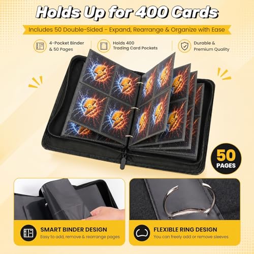 4 Pocket Card Binder, 400 Pockets Card Collection Book with 50 Removable Sleeves, 3-Ring PU Leather Trading Card Album for Game & Sports Cards - Portable Zipper Binder for Boys Kids - color: Yellow,blue
