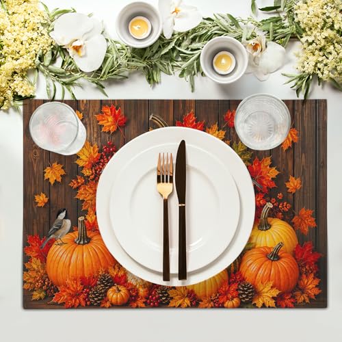Giwawa Autumn Placemats Set of 4 12x18 Inch Fall Maple Leaf Pumpkins Birds Decorative Linen Table Mat Rustic Wood Board Grain Washable Heat Resistant Place Mat for Kitchen Dining Tabletop - color: Fall Board