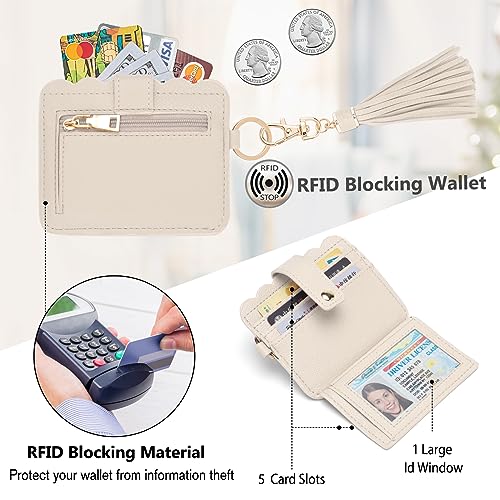 Wristlet Wallet for Women with Keychain – RFID Card Holder Small Wallet Wristlet with Key Ring - color: Beige, style: Classic