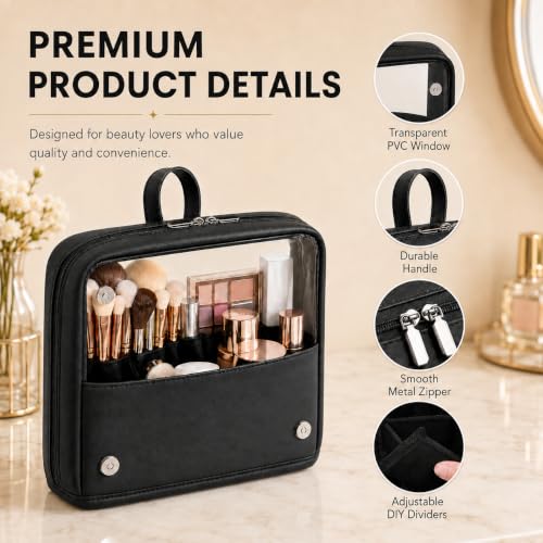 YDR Standing Makeup Brush Bag, PU Leather Cosmetic Organizer with Clear Window, Detachable Dividers and Brush Holder, Travel Makeup Organizer Case for Women, Beauty Storage - color: Black