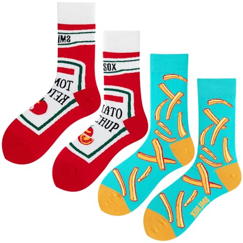 2 Pairs Cartoon Animal Crew Socks Fun Cotton Mid Calf Socks for Women - color: French Fries & Ketchup