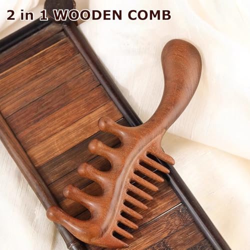 2 in 1 Wooden Comb for Scalp Massage Hair Growth, Wide & Fine Tooth Comb for Stress Relief, Gua Sha, Styling Hair, Scalp Massager Tool