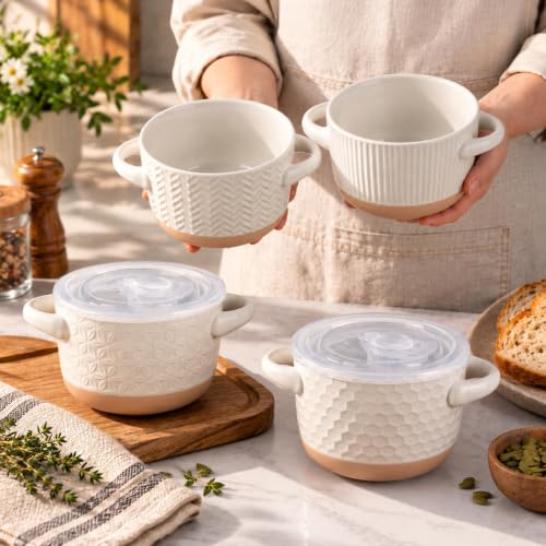 AmorArc 24 oz Soup Bowls with Lids, Ceramic Soup Containers with Handle - color: Light Beige(Line ), size: Set of 2