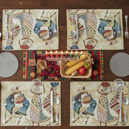 DaDa Bedding Dancing Women Tapestry Dining Table Placemats - Set of 4-Pieces Festive Celebrate Kwanzaa - Tribal African Tribal Culture - Decorative Cotton Linen Woven Kitchen Mats - 13” x 19” (18117) - color: Dancing Women