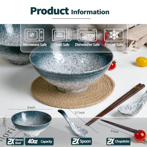 40 oz Ceramic Ramen Bowl Set of 2, Ramen Noodle Bowl with Spoons and Chopsticks 8 Inch Japanese Retro Style Large Soup, Pho, Udon Bowls, Microwave & Dishwasher Safe, Stone - color: Stone