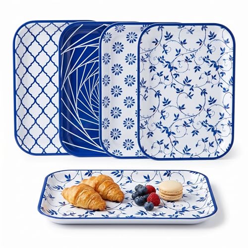 Vesici 4 Pack Blue White Melamine Serving Trays, 13 x 10 Inch Platters - style: Blue and White Porcelain