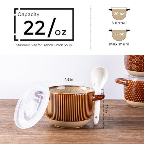 GBhome 22 Ounces Soup Bowls with Large Handles and Lids, Stoneware Bowls Set of 4 with Spoon for Soup, Cereal, Stew, Colourful Ceramic Kitchen Bowls, Microwave&Dishwasher Safe, Caramel - color: Caramel