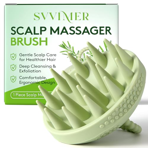 SVVIMER Scalp Massager Shampoo Brush - Soft Silicone Scalp Scrubber for Wet & Dry Hair - Shower Brush with Finger Loop - Nail-Friendly Head Scrubber for Women & Men - Green