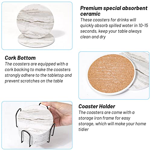 Acejoz Drink Coasters with Holder for Coffee Table, Absorbent Coaster Set of 6, Marble Style Ceramic Coaster for Wooden Table, Suitable for Kinds of Cups, Home Decor, 4 Inches - color: Grey Marble