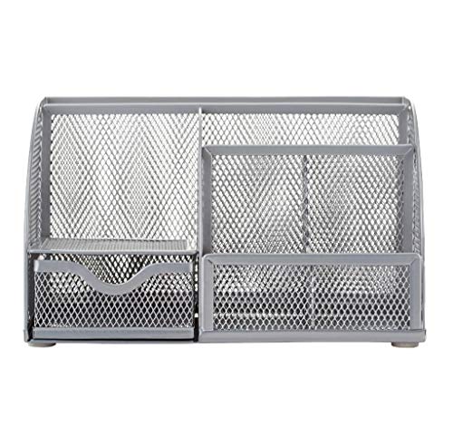 Annova Mesh Desk Organizer Office with 7 Compartments + Drawer/Desk Tidy Candy/Pen Holder/Multifunctional Organizer (Silver) - color: Silver