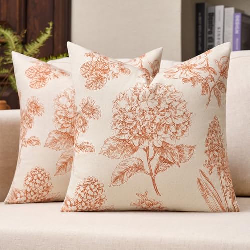 Kevin Textile Hydrangea Floral Pillow Covers Set of 2 18"x18", Burnt Orange - color: Burnt Orange
