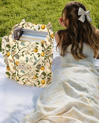 Miss Adola Corduroy Tote Bag for Women Cute Design - color: Lemon Flower Bird