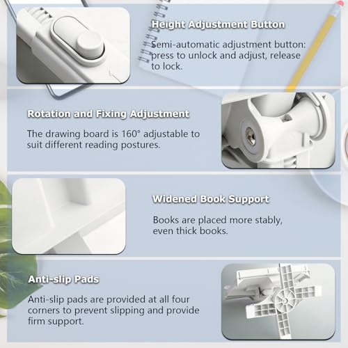 Adjustable Book Stand Holder, Rotating Hands-Free Reading Stand with Clips