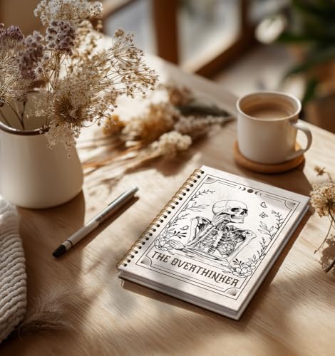 Overthinker Notebook for Men-CuteTarot Card Notebook Depression Quotes For Women Friends Gifts On Birthday Christmas Mother's Day,Gothic Goth Skull Gold Spiral Bound Hardcover,5.8"x8.3" - color: The overthinker