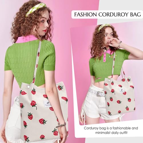 Ayieyill Corduroy Tote Bag for Women Canvas Shoulder Cord Purse with Inner Pocket - color: Beige Strawberry
