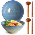 40oz Japanese Ceramic Ramen Bowl Set of 2 with Chopsticks and Spoons for Pho Udon Asian Soup Noodles (Sea Blue) - color: Sea Blue