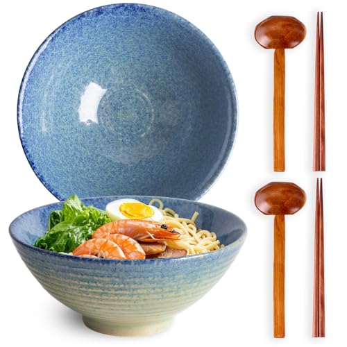 40oz Japanese Ceramic Ramen Bowl Set of 2 with Chopsticks and Spoons for Pho Udon Asian Soup Noodles (Sea Blue) - color: Sea Blue
