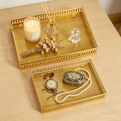 Funerom Gold Decorative Serving Tray Set of 2 Rectangular