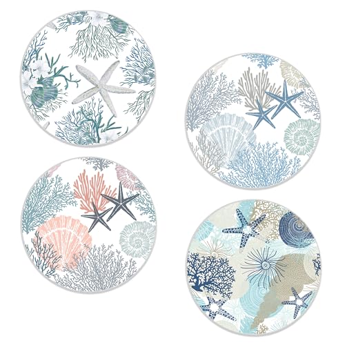Seashell Coasters Set of 4, Starfish Beach Theme Round 4" Cup Coasters with Cork Base, Absorbent Ceramic Stone Coaster for Table Home Décor, Ideal Gifts for Women Men - color: Seashell Starfish