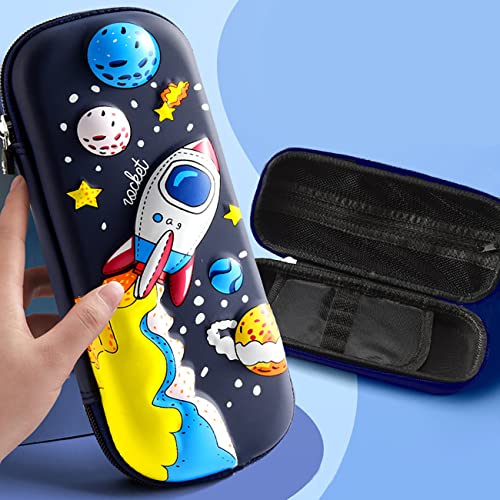 3D Space Rocket Pencil Case for Kids Boys, Waterproof Pencil Box with Compartments Pen Pouch (Dark Blue) - color: Space Rocket