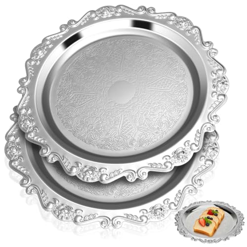 ABOOFAN Vintage Silver Dessert Tray Set of 2, 9.8Inch Round Metal Platter - size: 9.8"