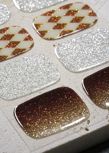 Real Gel Nail Strips (No UV Light Needed) - 44Pcs Salon Quality Nail Stickers - Long Lasting Polish Wraps for Women, Easy Apply & Remove (Brown Check) - color: Brown Check Sparkle