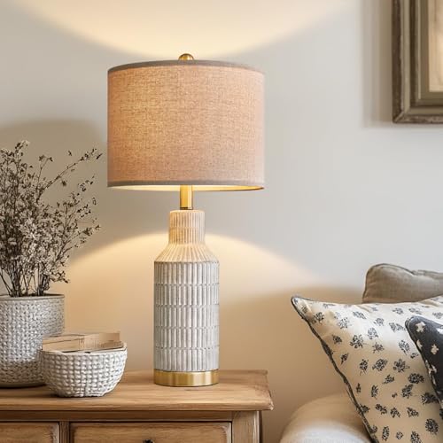 USumkky 25" Modern Ceramic Lamps Single Table Lamp for Living Room Bedroom Farmhouse Nightstand Bedside Lamps - color: Washed White-Single