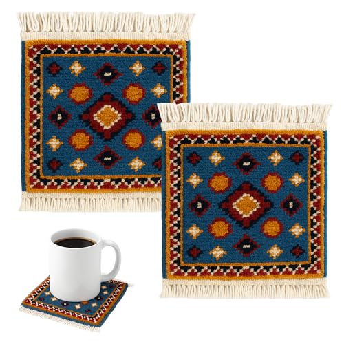 2 Pcs Rug Coasters for Drinks, Handmade Natural Vegetable Dyed Wool, Woven by Local Artisans – Oriental 5.5 inches Rug Style Tea and Coffee Cup Mats, Home Decor