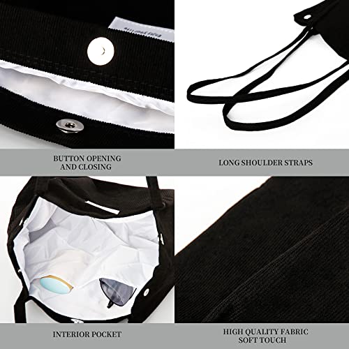 Corduroy Tote Bag Cute Tote Bags for Women Shoulder Bag with Inner Pocket for Work Beach Travel and Shopping Grocery - style: Black