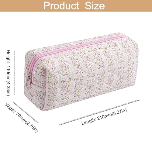 Cute Floral Cotton Makeup Brush Cosmetic Bag for Women, Travel Quilted Zipper Make Up Bag, Flowers Toiletry Organizer Case Kawaii Makeup Cosmetic Travel Cloth Pouch (Pink+Red Floral) - color: Two Pack: (Pink Floral+Red Floral)