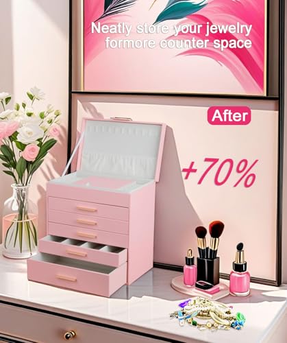 BOOVO Jewelry Boxes for Women, White and Black 6 Layer Large Jewelry Box for Necklace, Bracelet, Earrings, Rings Storage, Jewelry holder Organizer for Girls Gift (Pink, 6 layer) - color: Pink, size: 6 layer