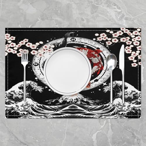 Feelyou Japanese Koi Fish Placemats Set Set of 4 18"x12" - color: Black Pink Red