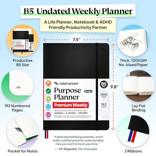 Purpose Planner Notebook B5 7.5”x9.8” Undated 2026 Daily Weekly and Monthly Productivity Goal Setting Tool for Work Home ADHD for Adults Self Care Journal - color: Black, style: B5 Hardcover