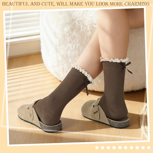 6 Pairs Womens Bow Socks, Ruffle Casual Crew Socks - color: Black,off‑white,beige,white,dark Gray,brown