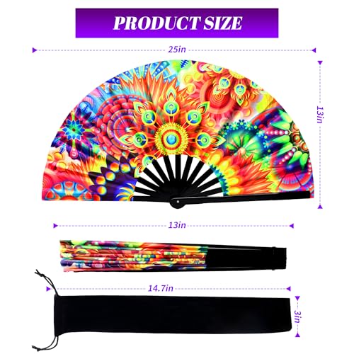 13 Inch Large Rave Fan & Clack Fan for Line Dancing - Folding Hand Fan with UV Glow for Boots on The Ground, Performance, Wedding, Party - Portable Handheld Fan for Women & Men - color: Peacock Feathers*1