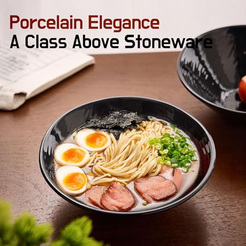 BICETTO Premium Porcelain Ramen Bowl Set 52oz, 8.5inch - Durable & Stylish - Perfect for Ramen, Pho, Soup, Salad, and Noodles - Microwave & Dishwasher Safe - Elegant, Lightweight, Ebony Grace