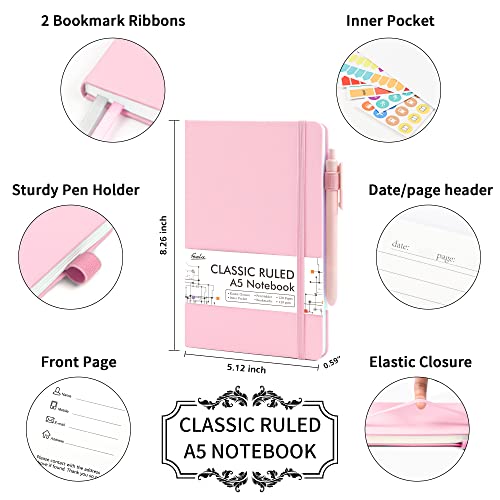 feela 5 Pack Notebooks Journals Bulk, Hardcover Notebook Classic Ruled Lined Journals with Pen Holder for Women Girls School Business Supplies, with 5 Black Pens, 120 GSM, 5.1”x8.3”, A5, Rose Pink - color: 5 Rose Pink