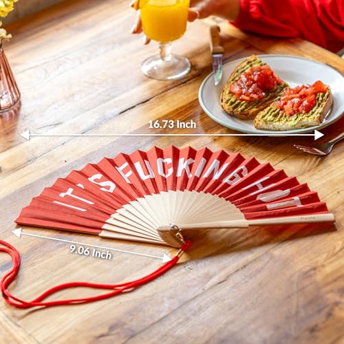 Fisura – Original folding fan with message F*cking hot, wooden handheld fan for women, ideal for rave, party, wedding, birthday, gift or fun summer decoration - color: Hot, Red