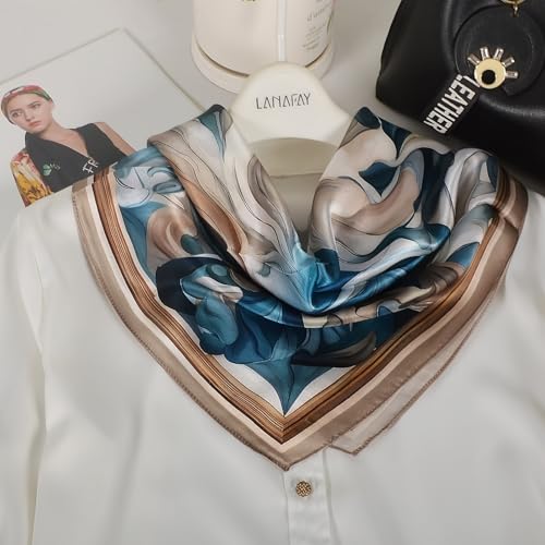Women 100% Mulberry Silk Neck Scarf 21" Square Floral Neckerchief - color: Peacock Blue & Beige