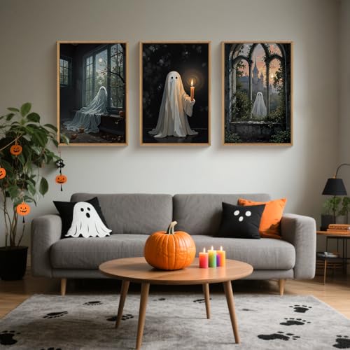 LHIUEM Large Halloween Cute Ghost Framed Canvas Wall Art Set,Vintage Spooky Wall Decor,Retro Dark Prints,Midnight Candle Poster Artwork for Living Room,Bathroom,Dining Room -16"x24"x3 - color: Halloween Cute Ghost Wall Art, size: 24"L x 16"W