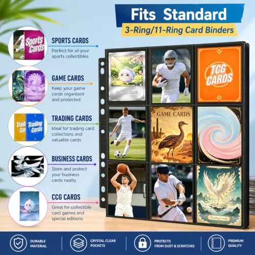 9 Pocket Page Protectors,Double-Sided Trading Card Sleeves for 11 Ring Binder,Acid-Free Baseball Cards Holder, Protective Pages Sheets for Collectible Games, Sports Cards(100Pack, Black, Side-Loading) - color: Black, size: Side-Loading