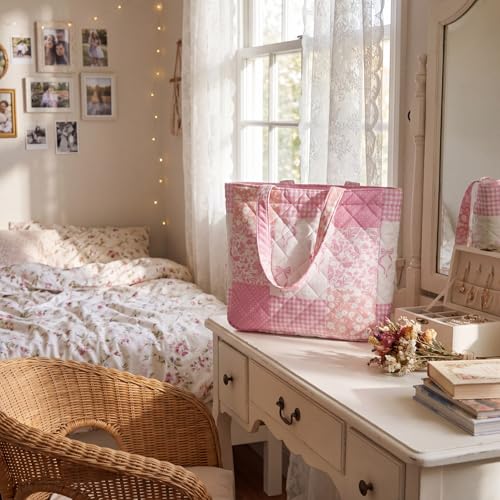 Aliceset Quilted Patchwork Tote Bag for Women Cotton Shoulder Bag Back to School Gift Farmhome Rustic Handbag Commuting Beach - style: Pink Bow