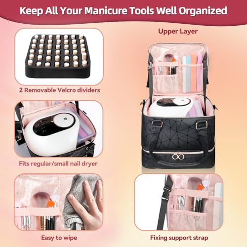 SIYNPAV Nail Polish Organizer Bag Holds 126 Bottles (15ml/0.5fl.oz)& Nail Lamp, 3 Layers Detachable Nail Kit Storage Case PU Leather, Large Travel Nail Supplies Shoulder Bag for Manicure Tools (Black)