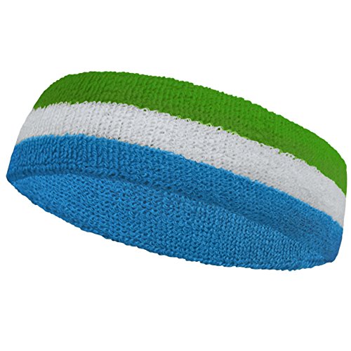 COUVER 3 Color Striped Sports Sweatband Set - color: Bright Green/White/Sky Blue