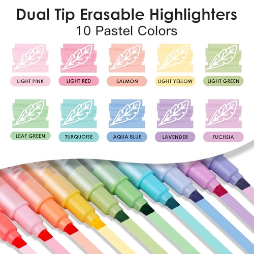 Erasable Highlighters Pastel Colors, 10 Colors Muted Dual Tip Markers, No Bleed Aesthetic Highlighters for Bible, Journaling, School Office Supplies, Double Ended Fine & Chisel Tip, Smooth Dry Fast - color: 10 Pastel Erasable